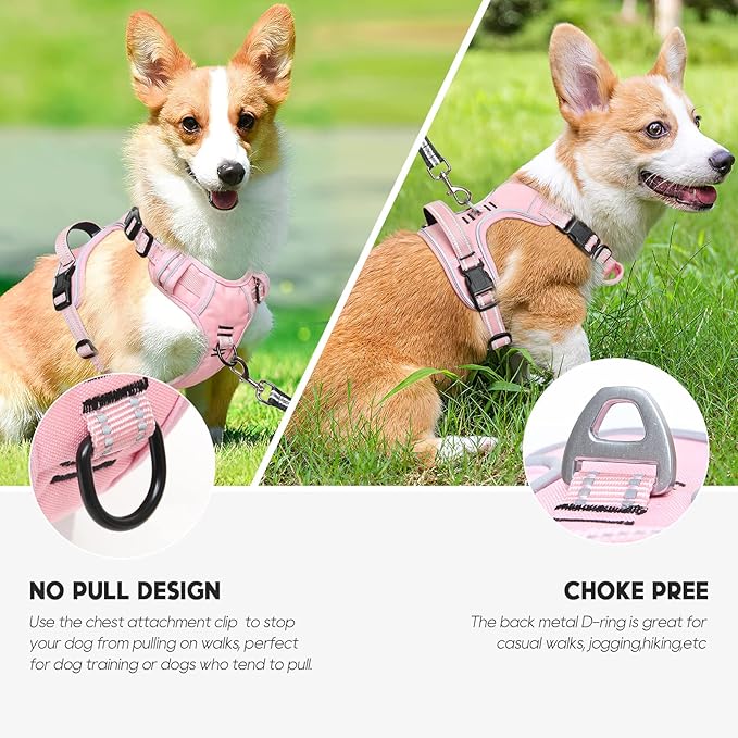 Timos Dog Harness, 3 Snap Buckles No-Pull Soft Padded Dog Vest with 2 Metal Leash Clips, Adjustable Reflective No Choke Pet Harness with Easy Control Handle for Large Dogs,Pale Pink,L
