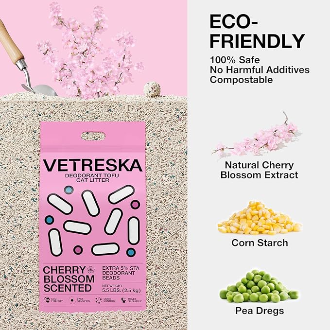 VETRESKA Cherry Blossom Tofu Cat Litter,Natural Pretty Kitty Litter Strong Clumping Flushable Cat Litter Pellets Ultra Absorbent,Dust-Free,Low Tracking,Deodorant Tofu Litter Compostable(5.5lb×4bags)