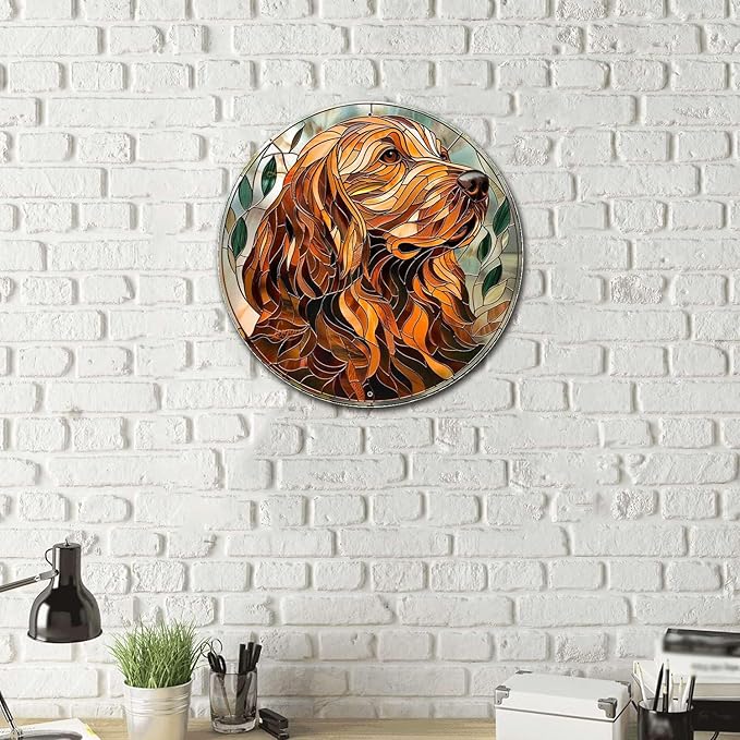 Lygond Metal Sign Tin Sign Circular Stained Glass Dog Outhouse Wall Decor For Pet 8×8 Inches