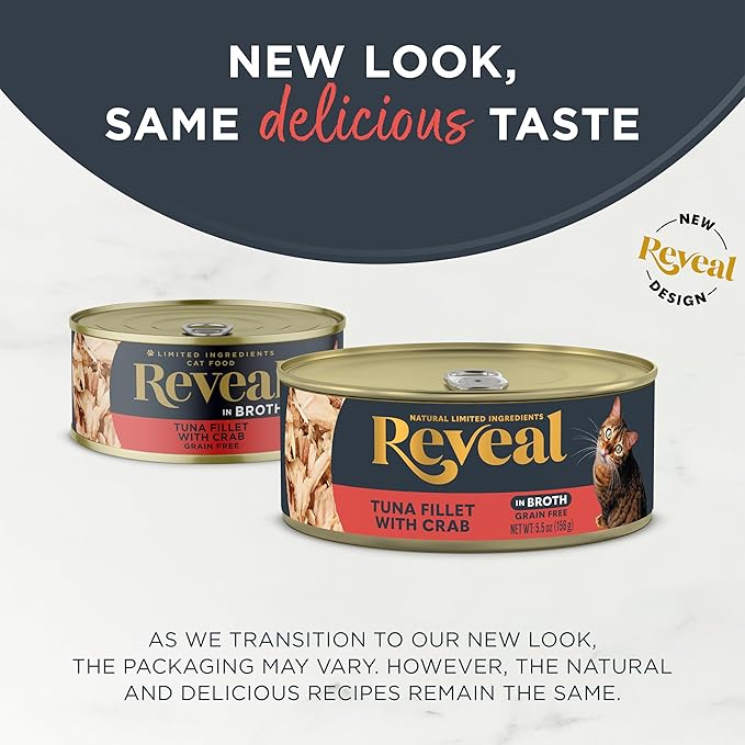 Reveal Natural Wet Cat Food, 12 Count, Grain Free, Limited Ingredient Canned Food for Cats, Tuna Fillet with Crab in Broth, 5.5 oz Cans