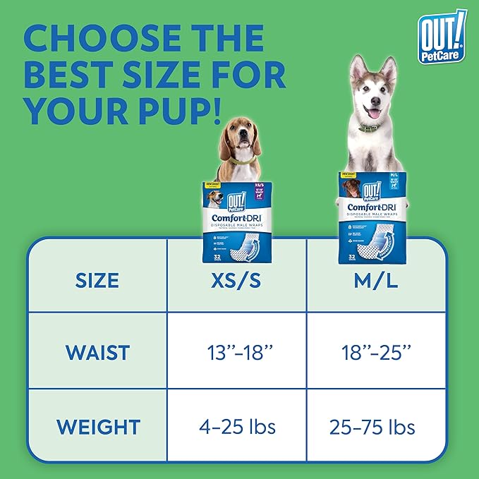OUT! PetCare Disposable Dog Diapers Male, Puppy Belly Band, Potty Training, Doggie Diapers, Belly Bands for Male Dogs, Puppy Training, Incontinence, (M/L, 96ct)