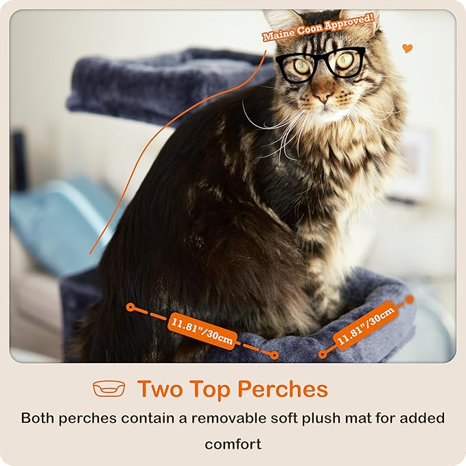 Ouritsu Cat Tree, 56 inch Tall Cat Tower for Large Cat Indoor, Large Condo, 2 Padded Perches, Steel-Framed Hammock, Scratching Post and ramp, Fluffy Basket, Dark Gray, LF001DG