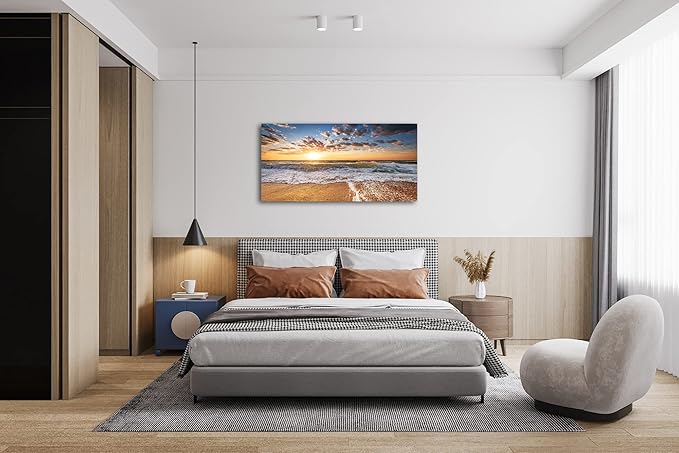 Jiuqinghua Wall Art Decor Large Canvas Print Picture Sunrise over the Sea 1 Panel Ocean Beach Waves Scenery Painting Artwork for Office Wall Decor Home Decoration Stretched and Framed Ready to Hang