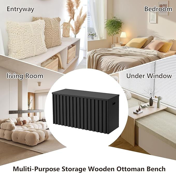 UEV Black Storage Bench Set of 2, 39.4" Fluted Wood Storage Trunk with 2 Safety Hinges, Sturdy Storage Chest, Storage Bench for Bedroom,Entryway, Living Room