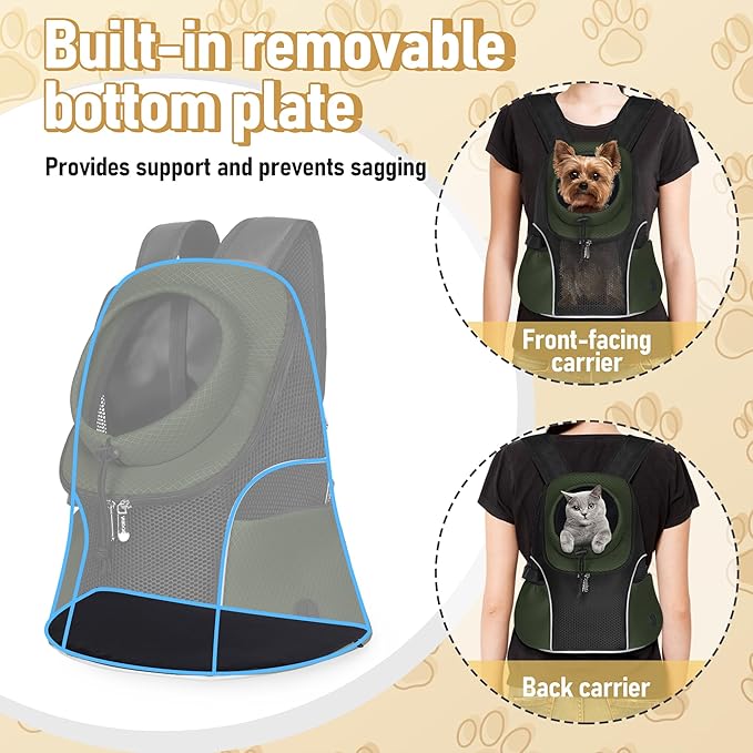 WOYYHO Pet Dog Carrier Backpack Small Dog Front Backpack Ventilated Mesh Dog Travel Back Pack with Safety Belt for Travel Hiking Cycling Outdoor Adventures (Size M: 5-9 lbs, Army Green)