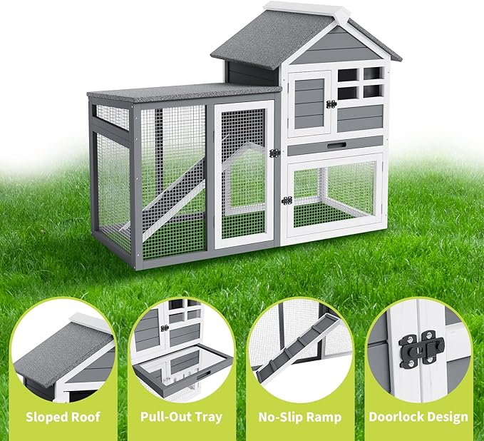 Rabbit Hutch 2-Tier, Small Wooden Chicken Coop for Outdoor Use - Weatherproof Small Animal Hutch with Non-Slip Ramp, 4 Access Doors & Removable Tray for Rabbits, Guinea Pigs, Ferrets (Indoor/Outdoor)