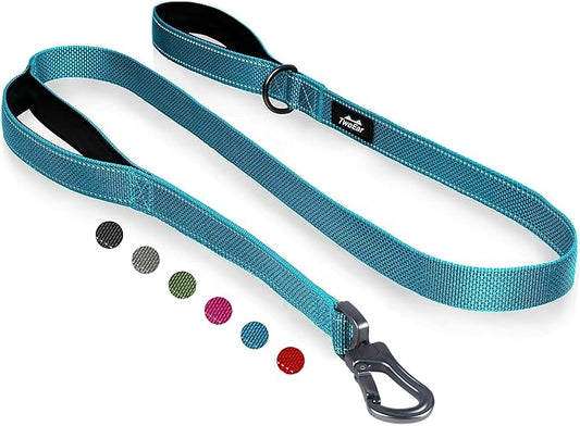 TwoEar 6FT 1IN Strong Blue Dog Leash with 2 Padded Handles, Traffic Handle Extra Control, Comfortable Soft Dual Handle, Auto Lock Hook, Reflective Walking Lead for Small Medium and Large Dogs