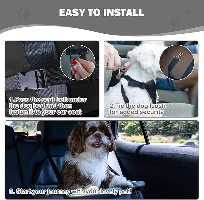 Dog Car Seat for Small Dogs, Large Leather Dog Car Bed with Storage Pocket, Waterproof PVC Leather Booster Seat Travel Bed for Front & Back Seat, Clip-On Safety Leash (Black/Brown)