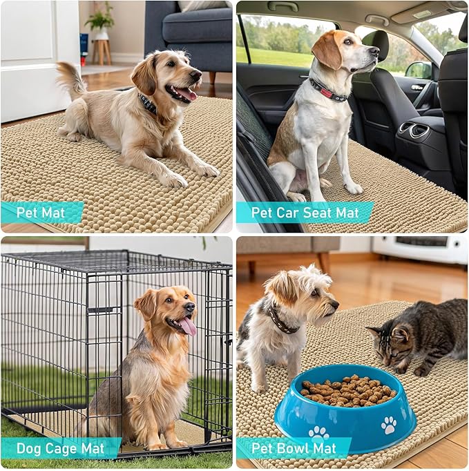 OLANLY Dog Door Mat for Muddy Paws 34x21, Absorbs Moisture and Dirt, Absorbent Non-Slip Washable Doormat, Quick Dry Chenille Mud Mat for Dogs, Entry Indoor Entryway Carpet for Inside Floor, Beige