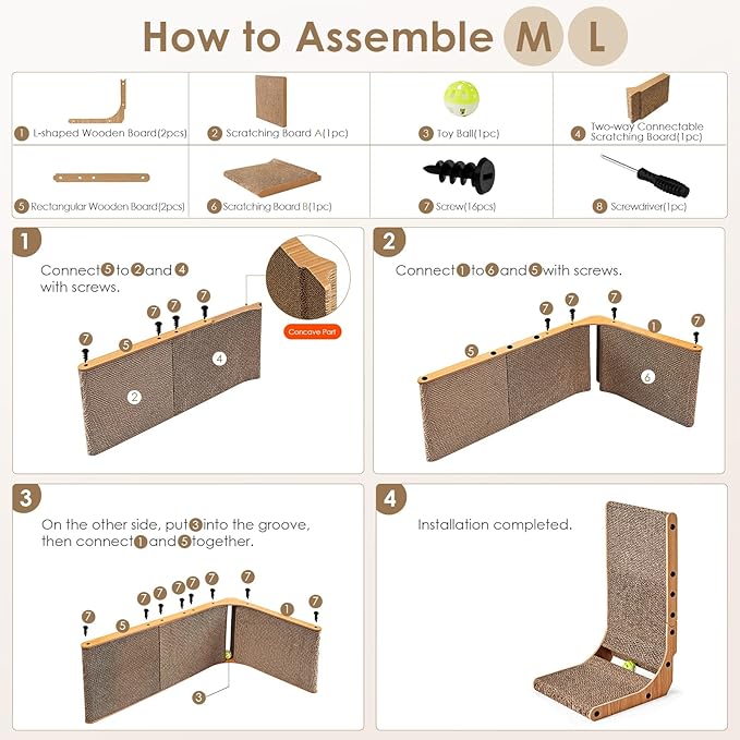 EHEYCIGA Cardboard Cat Scratcher for Indoor Cats, 26.8 Inch L Shaped Vertical Cat Scratching Board with Ball Cat Toy, Large Cat Scratcher Pad, Brown