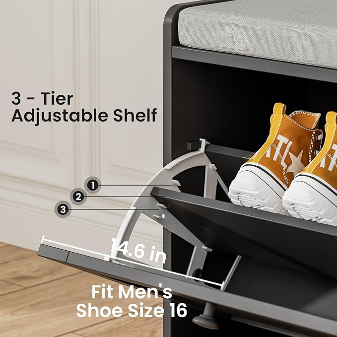 MHOM Black Modern Entryway Bench with 2 Flip Drawers, Shoe Bench with Padded Seat Cushion, Wooden Storage Bench for Bedroom and Apartment