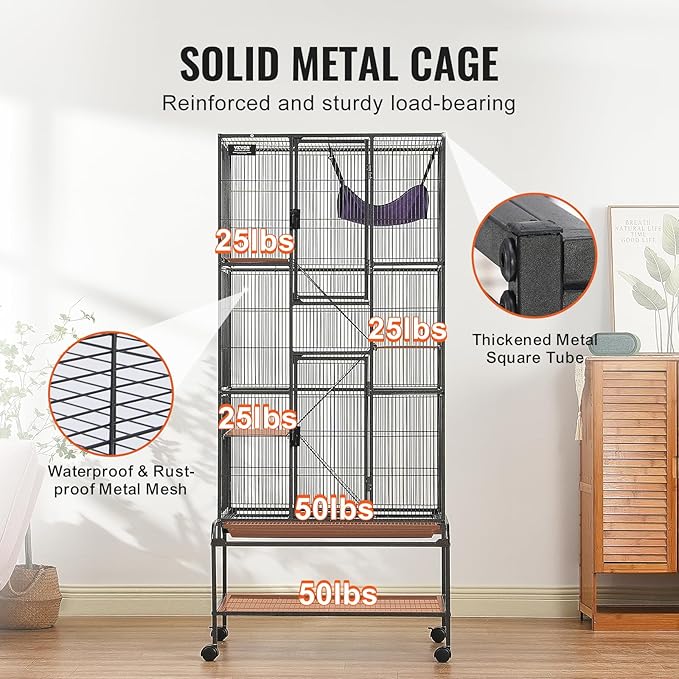 VEVOR 69" Rolling Metal Ferret Cage, Large 4-Tier Critter Nation Cage, Small Animal Cage with Ramps & Tray, Easy to Set up for Pet Mice, Hamster, Guinea Pig, Chinchilla, Squirrel, Hedgehogs, Bunny