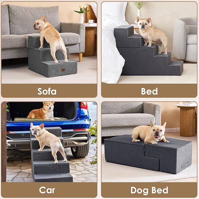 EHEYCIGA Dog Stairs for Small Dogs 16.5" H, 3-Step Extra Wide Dog Steps for Couch Sofa and Chair, Pet Steps for Medium Cats, Non-Slip Balanced Pet Ramp Indoor, Grey