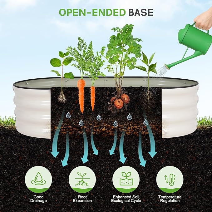 Galvanized Raised Garden Bed Outdoor - 4×2×1ft Planter Raised Beds for Gardening | Oval Metal Garden Planter Box with Safety Edging and Gloves for Vegetables Fruits and Flowers - White