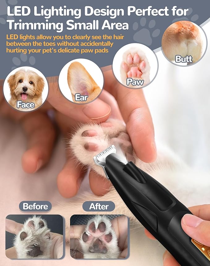 LEYOUFU Dog Clippers for Grooming, 2 Speed Dog Paw Trimmer with LED Light, Rechargeable Low Noise Pet Shaver for Trimming Dogs Cats Hair Around Paws, Eyes, Ears, Face, Rump (Black)
