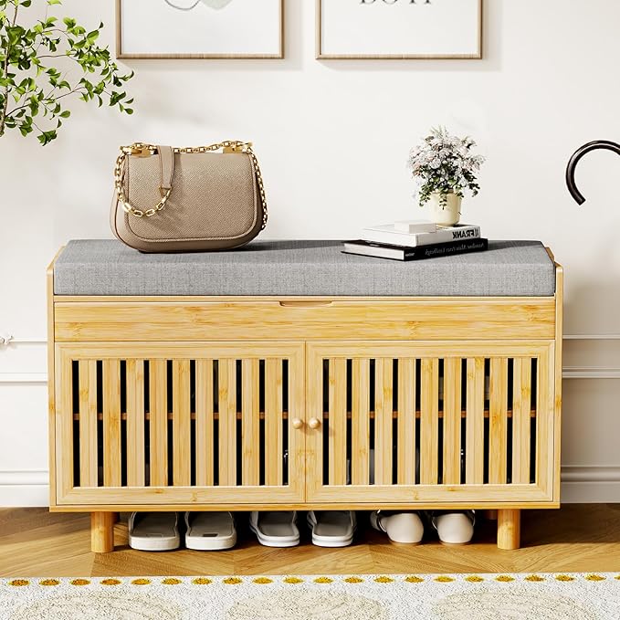 Shoe Storage Bench, Bamboo Entryway Bench with 2 Doors & Padded Seat Cushion, 35.4" W x 12.6" D x 19.7" H, 2-Tier Shoe Rack with Lift Top Hidden Storage, for Entryway, Living Room, Bedroom, Natural