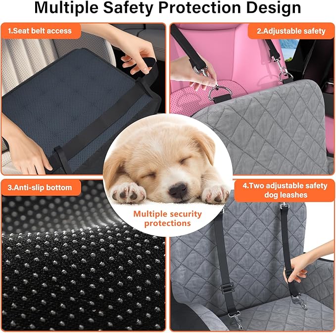 Dog Booster Car Seat, 6in Memory Foam Adjustable Booster Cushion for Small/Medium Dogs, Detachable and Washable Dog Car Seat with Cooling Mat, Pet Booster Seat with Storage Pockets, 2 Safety Belts