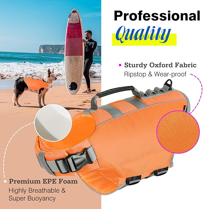 Pawaboo Dog Life Jacket, Reflective Dog Safety Vest Adjustable Pet Life Preserver with Strong Buoyancy & Sturdy Rescue Handle, Ripstop Dog Lifesaver Vests for Swimming, Boating, XL, Orange