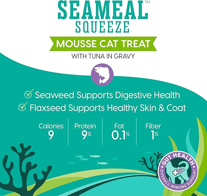 SeaMeal Squeeze Tuna Lickable Cat Treats with Seaweed for Skin & Coat - Wet Cat Treats with Digestive & Immune Health Support - Natural, Holistic, Grain Free (48 Squeezes)