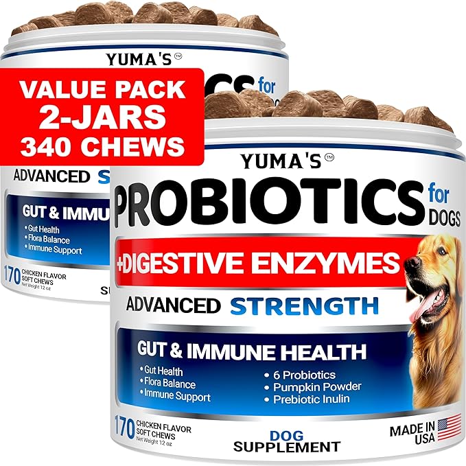 YUMA'S 2 Pack Probiotics for Dogs and Digestive Enzymes - Dog Probiotics Chews - Dog Probiotic - Anti Diarrhea, Upset Stomach & Gas Relief, Constipation, Canine Prebiotic - Pet Fiber Supplement