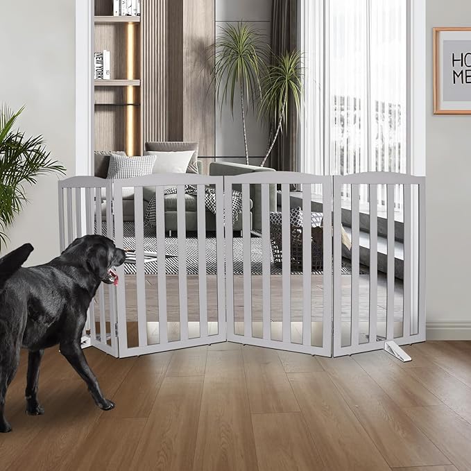 ZJSF Foldable Freestanding Indoor Dog Gate for House Wood Long Pet Gates Dog Fence for Stairs Puppy Gates for Hallways, Puppy Gate,Support Feet Included, Grey, 32 "Height-4 Panels