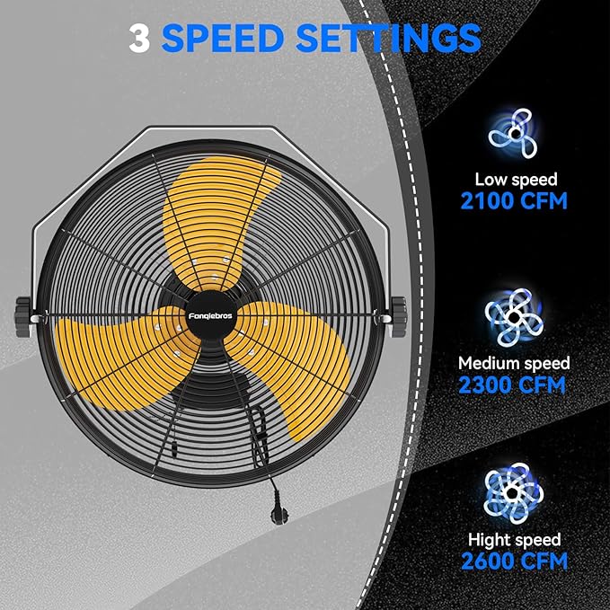 2600 CFM 14 inch Outdoor High Velocity Wall Mounted Fan, 3-Speed Metal Fans with IP44 Enclosure Motor, Industrial Grade Weatherproof Wall Fan for Patio, Greenhouse, Garage, and Gazebo