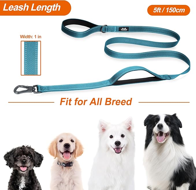 TwoEar 5FT 1IN Strong Blue Dog Leash with 2 Padded Handles, Traffic Handle Extra Control, Comfortable Soft Dual Handle, Auto Lock Hook, Reflective Walking Lead for Small Medium and Large Dogs