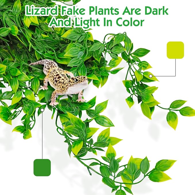 Hamiledyi Reptile Plants, 4 Pack Fake Amphibian Plants, Artificial Leaves Habitat Decorations with Suction Cup for Bearded Dragon Lizard Geckos Chameleon