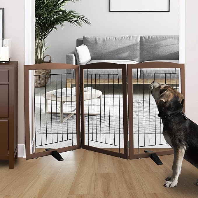 ZJSF Freestanding Dog Fence Indoor, Foldable Dog Gate for Doorways, Stairs or Hallways, Sturdy Wood Extra Wide Pet Gate with Support Feet for The House, Brown, 32 "Height-3 Panels