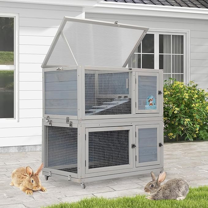 Weatherproof Wooden Rabbit Hutch for Indoor Outdoor Use, 2 Story Bunny Cage House with Wheels, Small Animal Shelter with Pull Out Tray, Non-Slip Ramp, Chicken Coop, Pet House Guinea Pigs Quail