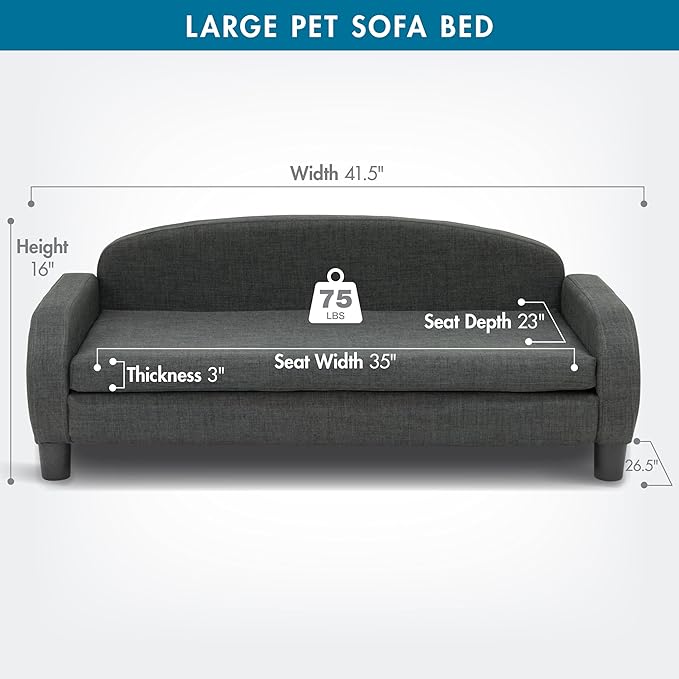 Paws & Purrs Multi-Cat Sofa Bed – 41.5″ Wide Elevated Pet Couch with 3″ Foam Mattress, Removable Machine-Washable Cover – Stylish Indoor Pet Furniture for Two or More Cats and Dogs, Gray