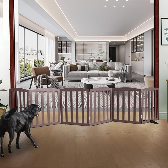ZJSF Foldable Freestanding Indoor Dog Gate for House Wood Long Pet Gates Dog Fence for Stairs Puppy Gates for Hallways, Puppy Gate,Support Feet Included, Brown, 24 "Height-6 Panels