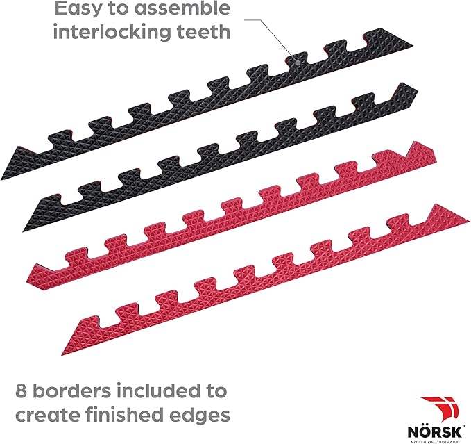 Norsk Reversible Gym Exercise Mats 3/4" Thick EVA Interlocking Foam Tiles, Perfect Home Gym Flooring, 28 Tiles & 56 Trim Pieces, 112 Sq. Ft. Reversible, Red/Black
