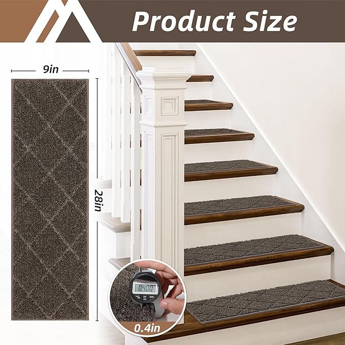 COSY HOMEER Edging Stair Treads Non-Slip Carpet Mat 28inX9in Indoor Stair Runners for Wooden Steps, Edging Stair Rugs for Kids and Dogs, 100% Polyester TPE Backing (4pc, Brown)