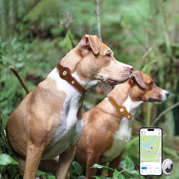 OOPSDOGGY Reflective Geniune Leather Airtag Dog Collar Soft Padded Collars for Small Medium Large Breed Dogs Puppy, 4 Sizes, 7 Colors (Brown, Large, 15"-19")