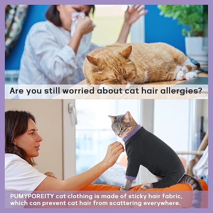 PUMYPOREITY Sticky Hair Cat Clothes, Prevent Hair Loss Cat Pajamas, Soft Cat Sweaters for Cats Only, Cat Hair Sticky Onesie, Cat Recovery Suit After Surgery, Black, M