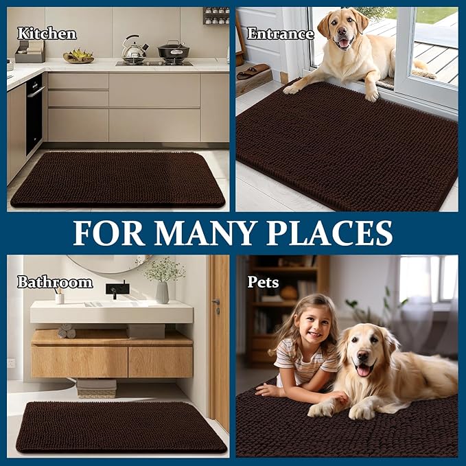OLANLY Dog Door Mat for Muddy Paws 44x24, Absorbs Moisture and Dirt, Absorbent Non-Slip Washable Doormat, Quick Dry Chenille Mud Mat for Dogs, Entry Indoor Entryway Carpet for Inside Floor, Brown