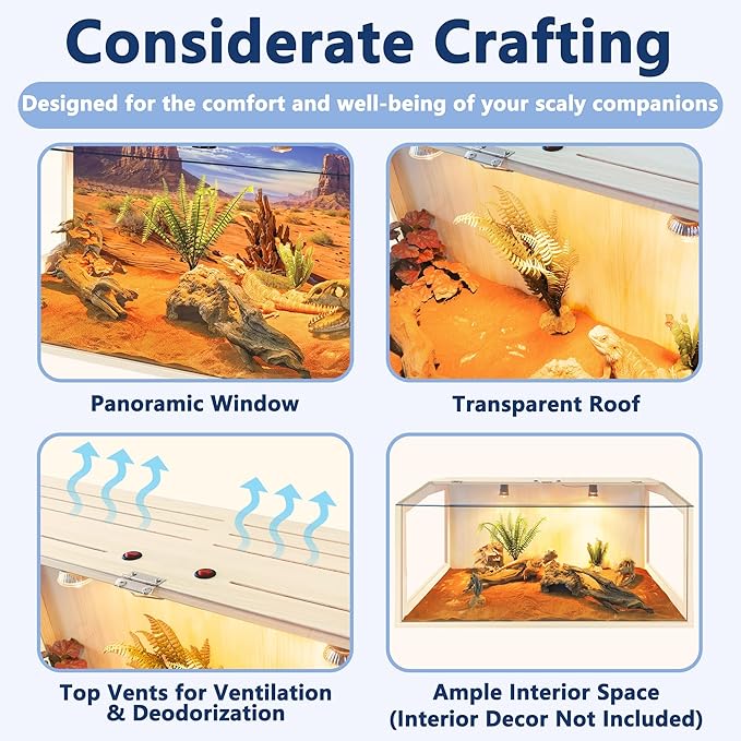 Prolee Bearded Dragon Tank, Reptile Enclosure, Snake Tank, Reptile Terrarium, Built-in Light Fixtures with Switch, (30 Gallon, 32" Long, Clear Acrylic Roof)