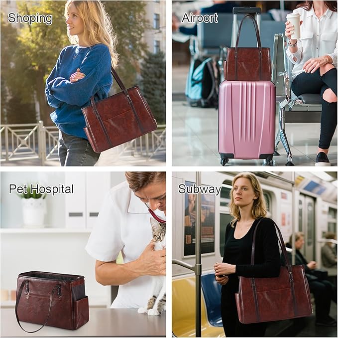 Fashion Dog Carrier Purse, Premium Leather Cat Carrier Bag, Airline Approved Soft Sided Pet Travel Tote Bag with Pockets Coffee