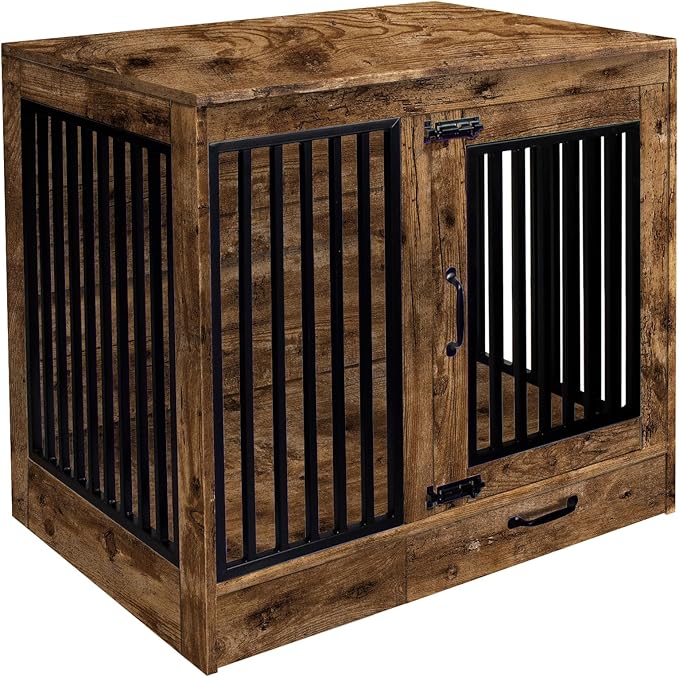 Rustic Brown Heavy Duty Furniture Dog Crate, Wood and Metal Kennel Cage, Pet House End Table with Drawer and Pull-Out Design, Dog Home for Indoor use, Medium Size
