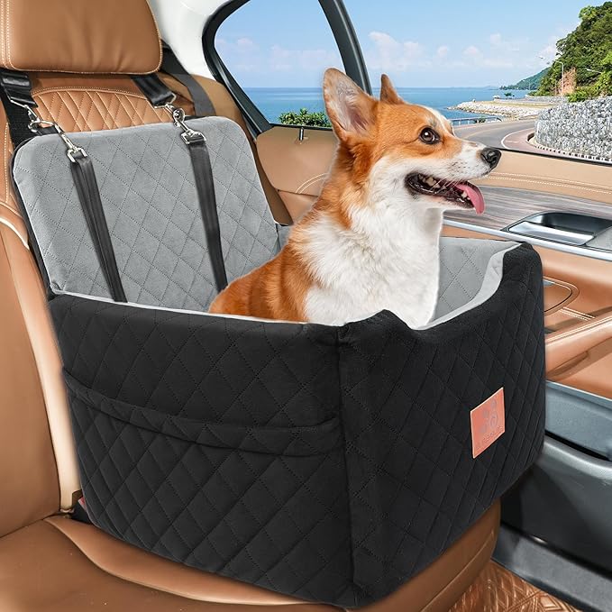 Dog Car Seat for Small/Medium Dogs Under 35lbs,Memory Foam Dog Booster Seats,Detachable and Washable Traval Pet Car Seat, Dogs Bed with 2 Safety Belts(Balck/Grey)