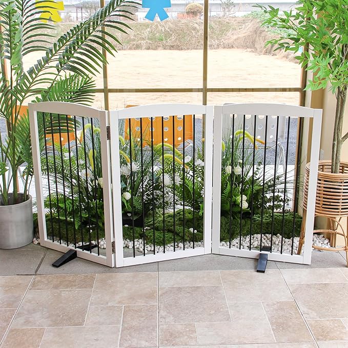 ZJSF Freestanding Panel Dog Gate for Indoor, Doorways,Stairs, or Hallways,Foldable Wooden White Dog Gates for House,Pet Gate for Dogs,Dog Fence, Puppy Gate,Support Feet Included,32 "Height-3 Panels