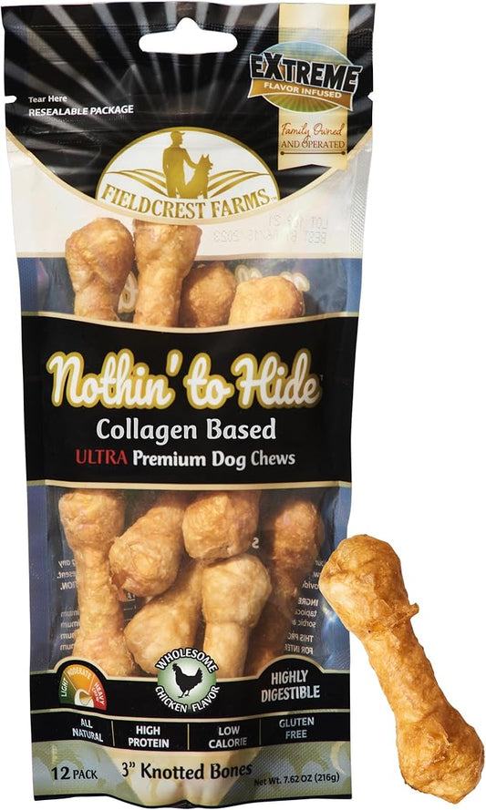 Fieldcrest Farms Nothin' to Hide 3 inch Ultra Knotted Bone Treats - Natural Rawhide Alternative Treats for Dogs, Collagen Based Snack for Heavy Chewers up to 15lbs - Chicken Flavor, 12 Pack