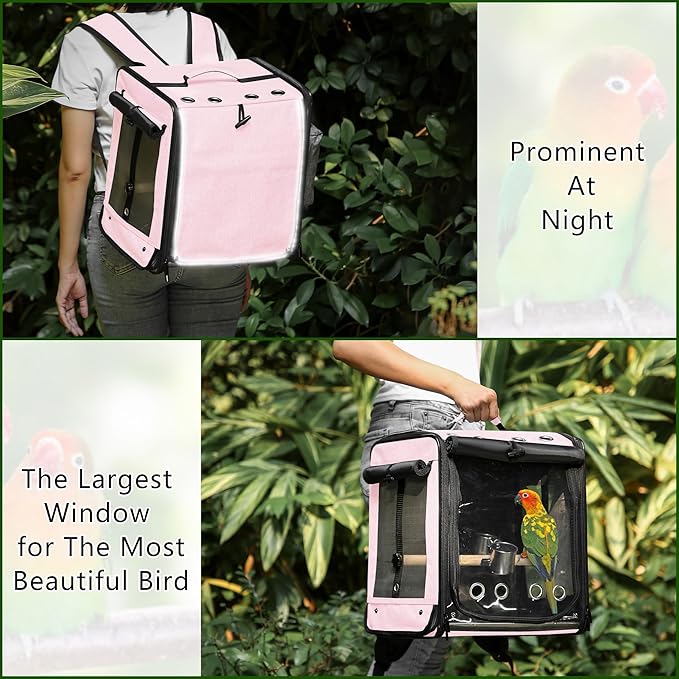 Suertree Bird Carrier with Seat Belt for Car Travel, Bird Backpack Carrier with Indestructible Stainless Steel Mesh, Large Bird Carrier Travel Cage, Pink
