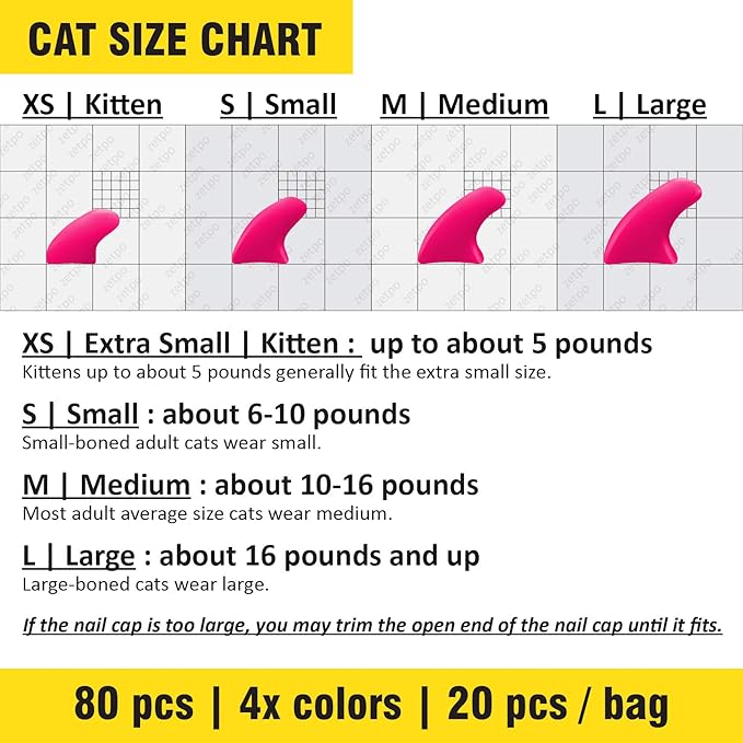 zetpo 80 pcs Cat Claw Covers | Cat Nail Caps | with Adhesives and Applicators (S, Black, White, Silver Glitter, 24k Gold Glitter)