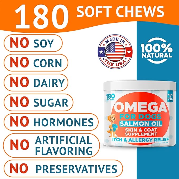 Omega 3 Fish Oil for Dogs Bundle - Skin&Coat Chews - Dry&Itchy Skin Relief + Allergy Support - EPA&DHA Fatty Acids - Natural Salmon Oil Chews Promotes Heart, Hip&Joint Support -360 Chews - Made in USA