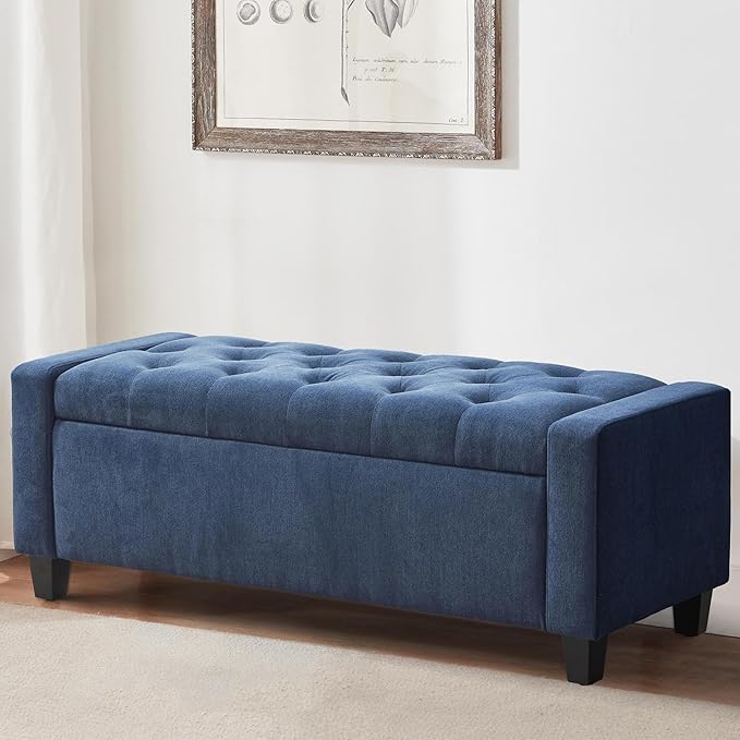 Ottoman with Storage, 48.8" Fabric Storage Ottoman Bench with Hinge, Bedroom Bench, Upholstered Benches with Seating for Living Room, Entryway (Dark Blue)