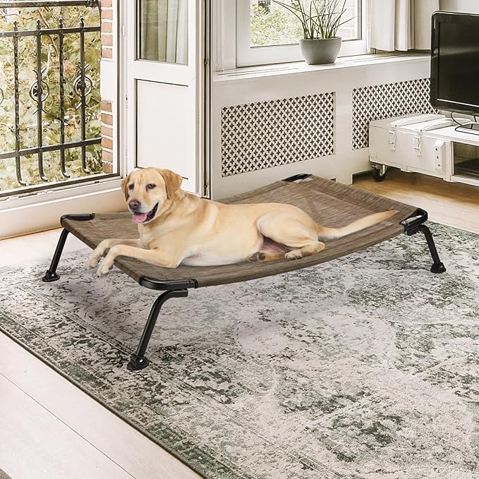Veehoo Outdoor Elevated Dog Bed, Cooling Raised Dog Cots Beds for Large Dogs, Portable Waterproof Curved Dogs Hammock Bed for Outside, up to 120lbs, Black Legs, Brown 42"
