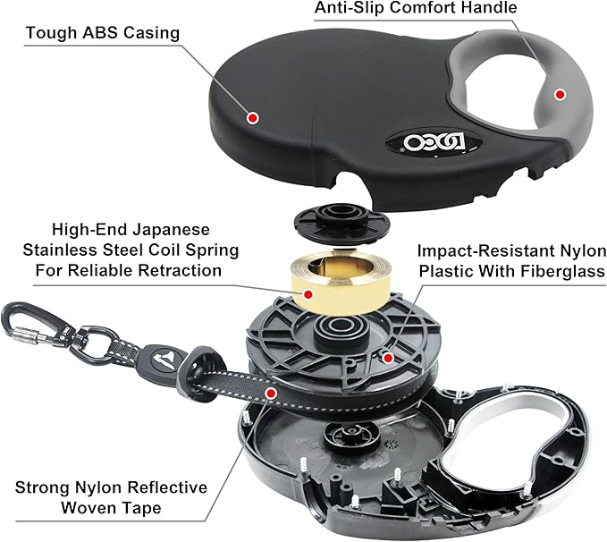 DOCO All Day Adventure Retractable Dog Leash with Stop-and-Lock Control, Reflective Tape, Anti-Slip Grip, Tangle-Free 360° Swivel Snap for Small, Medium, Large Dogs (Black/Small)