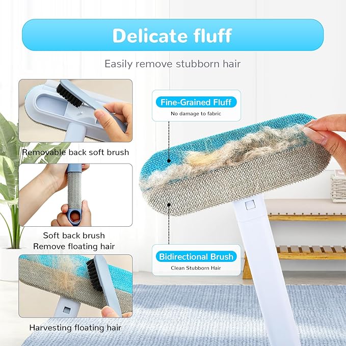 Pet Hair Remover Brush- Pet Hair Removal Glove, 4 in 1- Reusable Hair Remover Brushl with 17inch Long Handle, Electrostatic Gloves Pet hair for Furniture, Couch, Carpet